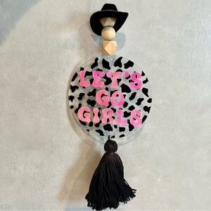 Let's Go Girls Car Ornament / Wood Beads/ Cowboy Hat / Tassel Rear View Mirror
